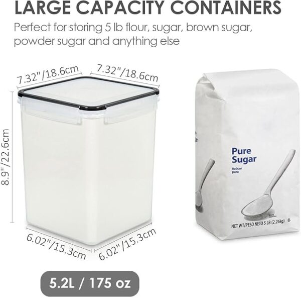 Vtopmart 4 PCS Large Food Storage Containers 5.2L / 175oz, 4 Pieces BPA Free Plastic Airtight Canisters for Flour, Sugar, Baking Supplies, Rice with Lids, 4 Measuring Cups and 24 Labels, Black - Image 3