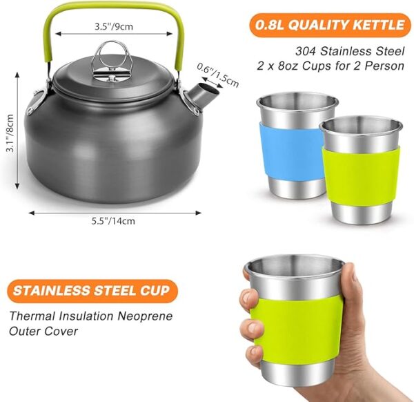 Odoland 16pcs Camping Cookware Set with Folding Camping Stove, Non-Stick Lightweight Pot Pan Kettle Set with Stainless Steel Cups Plates Forks Knives Spoons for Camping Backpacking Outdoor Picnic - Image 4