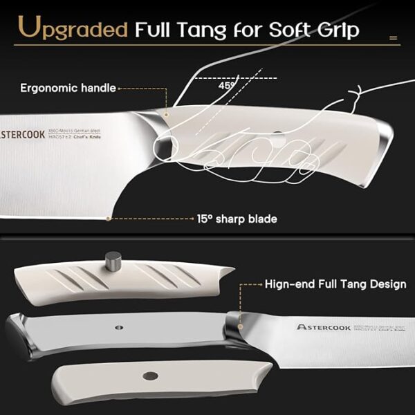 Astercook Knife Set Kitchen with Block and Dual Sharpener Full Tang 15 Pcs German Stainless Steel Knives Dishwasher Safe Kitchen Utensils Set with Anti-slip Ergonomic Handle, Elegant White - Image 4