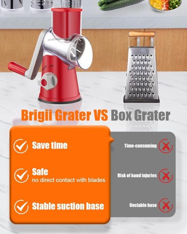 Brigii Rotary Cheese Grater Hand Crank, Cheese Shredder with 3 Drum Blades, Mandoline Slicer, Food Chopper for Hard Cheese, Vegetable, Nuts, Potato - Image 6