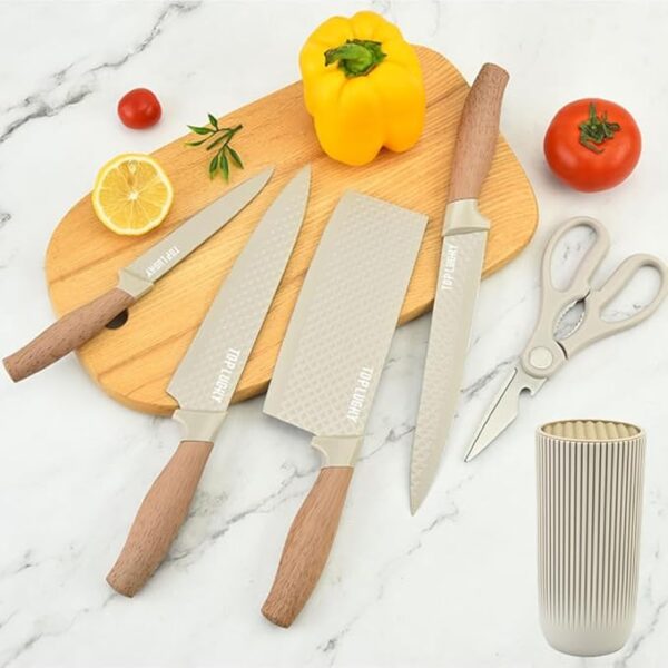 Knife Set, Wiztoynia 6-Piece Khaki Kitchen Knife Set for Home, Anti-Rust Non-stick Stainless Steel Sharp Chef Knife Set with Universal Knife Block for Kitchen, Ergonomical Design (Khaki) - Image 3