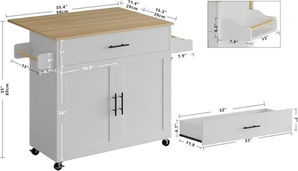 IRONCK Rolling Kitchen Island Table on Wheels with Drop Leaf, Storage Cabinet, Drawer, Spice/Towel Rack, Kitchen Cart, 47.25" Wide White - Image 6