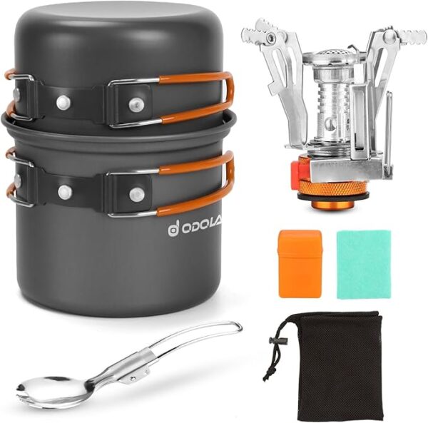 Odoland 6pcs Camping Cookware Mess Kit with Lightweight Pot, Stove, Spork and Carry Mesh Bag, Great for Backpacking Outdoor Camping Hiking and Picnic - Image 2