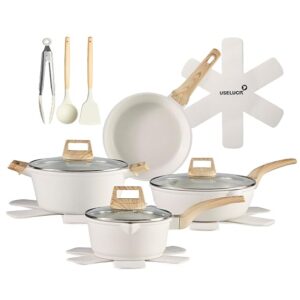 14 Pcs Pots and Pans Set Non Stick, Induction White Cooking Set with Frying Pans, Healthy Kitchen Cooking Set with Stay-Cool Handles, Silicone Utensils and Pot Protectors