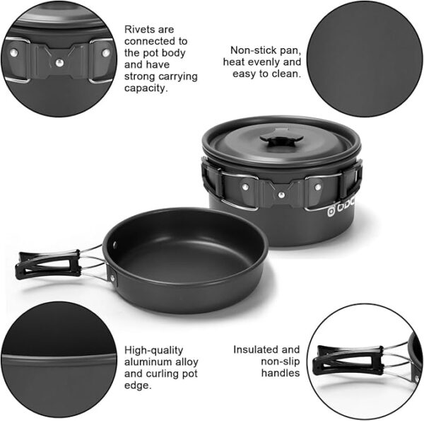 Odoland 16pcs Camping Cookware Set with Folding Camping Stove, Non-Stick Lightweight Pot Pan Kettle Set with Stainless Steel Cups Plates Forks Knives Spoons for Camping Backpacking Outdoor Picnic - Image 5