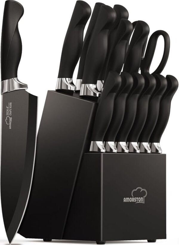 Knife Set, Amorston 15 Pieces Knife Sets for Kitchen with Block, Dishwasher Safe Kitchen Knife Set with Built in Sharpener Block, German Stainless Steel Knife Block Set, Black - Image 2