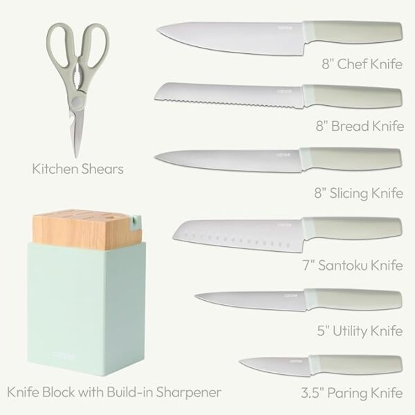 CAROTE Kitchen Knife Set with Block and Sharpener, Dishwasher Safe Knife Block Set 9Pcs, Forged Cutlery with Razor-Sharp Stainless Steel Blades, Green - Image 3