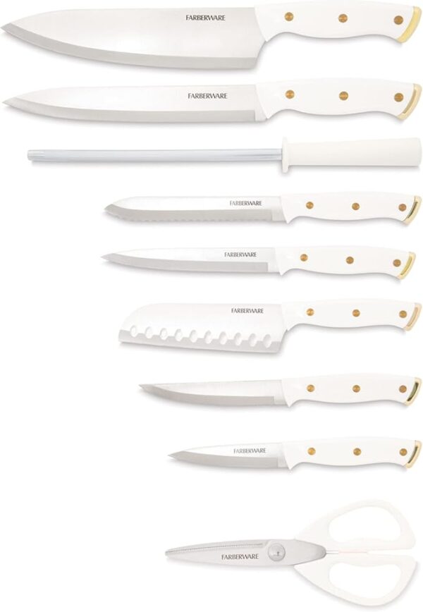 Farberware 15-Piece Triple Riveted Knife Block Set, High Carbon-Stainless Steel Kitchen Knives, Razor-Sharp Knife Set with Wood Block, White and Gold - Image 3