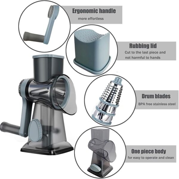Rotary Cheese Grater Shredder with Handle Handheld Round Mandoline Vegetable Slicer Carrot Shredder Nut Grinder with 3 Replaceable Stainless Steel Drum Blades and Upgrade Strong Suction, Grey/Cyan - Image 6