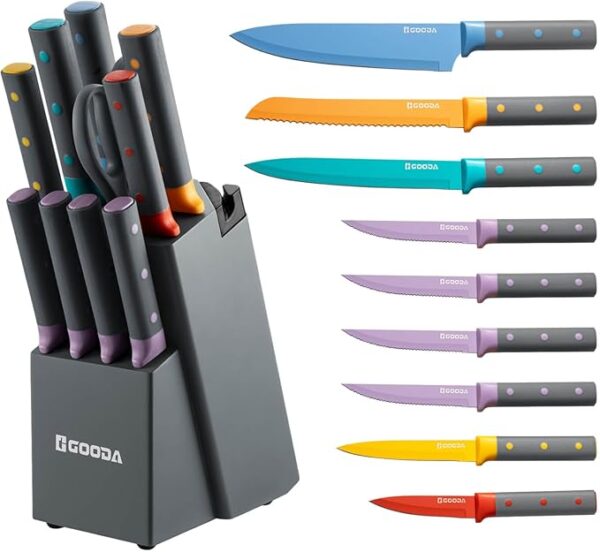 GOODA Knife Set,11 Pieces Kitchen Knife Set with Built-in Sharpener Block,Dishwasher Safe, High Carbon Stainless Steel Chef Cooking Knife Block Set - Image 2