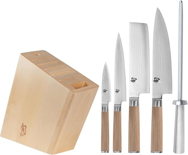 Shun Classic Blonde 6 Piece Block Set, Includes 8" Chef, 3.5" Paring, 6.5" Nakiri, 6" Utility Knives, Honing Steel & Angled Knife Block, Handcrafted Japanese Knife Set, Pakkawood Handles - Image 2