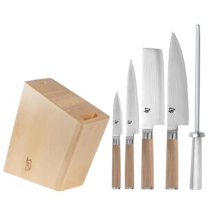 Shun Classic Blonde 6 Piece Block Set, Includes 8" Chef, 3.5" Paring, 6.5" Nakiri, 6" Utility Knives, Honing Steel & Angled Knife Block, Handcrafted Japanese Knife Set, Pakkawood Handles