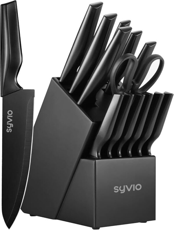 syvio Block Knife Set, 15 Pcs Kitchen Knife Set with Block and Sharpener, with Heavy Poultry Shears and 6pcs Serrated Steak Knives Razor-Sharp, Stainless Steel, Lightweight, Anti-Slip Handle - Image 2