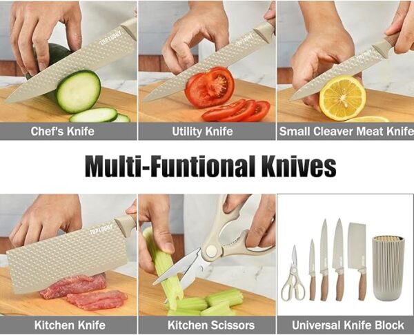 Knife Set, Wiztoynia 6-Piece Khaki Kitchen Knife Set for Home, Anti-Rust Non-stick Stainless Steel Sharp Chef Knife Set with Universal Knife Block for Kitchen, Ergonomical Design (Khaki) - Image 5