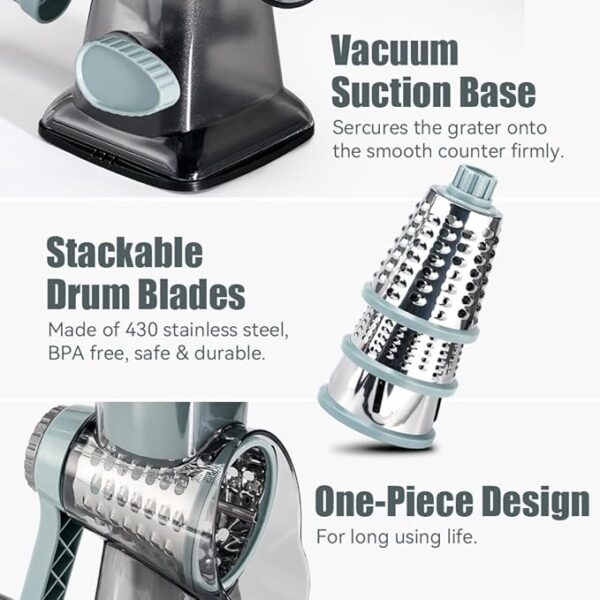 KEOUKE Rotary Cheese Grater Hand Crank Cheese Shredder Vegetable Mandoline Slicer for Kitchen 3 Changeable Blades for Cheese Potato Zucchini Nuts Chocolate - GreyBlue - Image 6