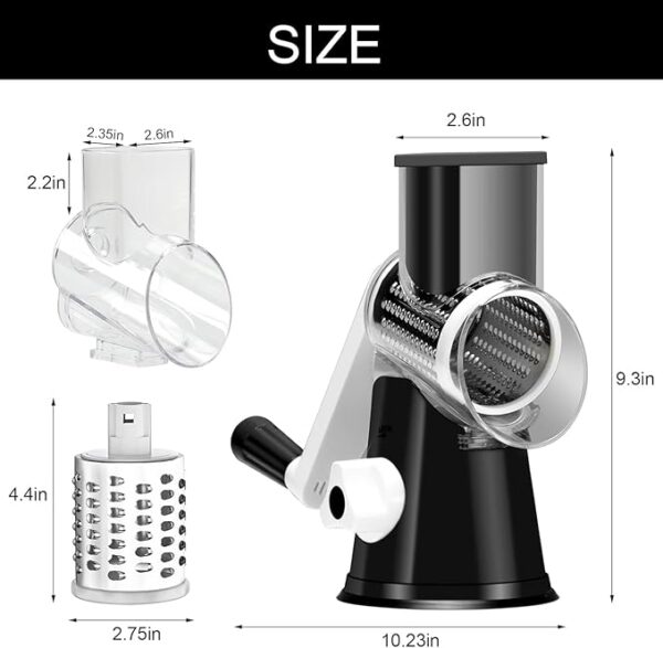 Cambom Rotary Cheese Grater Hand Crank Cheese Shredder for Fresh Cheese, Vegetable, Nuts,Non-slip Suction Base, Free Cleaning Brush Three Blades, Black - Image 6