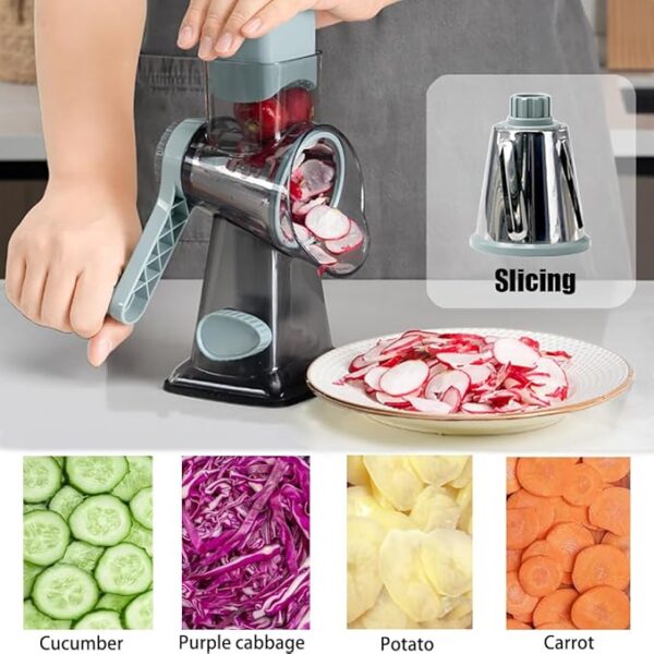 Rotary Cheese Grater Shredder with Handle Handheld Round Mandoline Vegetable Slicer Carrot Shredder Nut Grinder with 3 Replaceable Stainless Steel Drum Blades and Upgrade Strong Suction, Grey/Cyan - Image 4