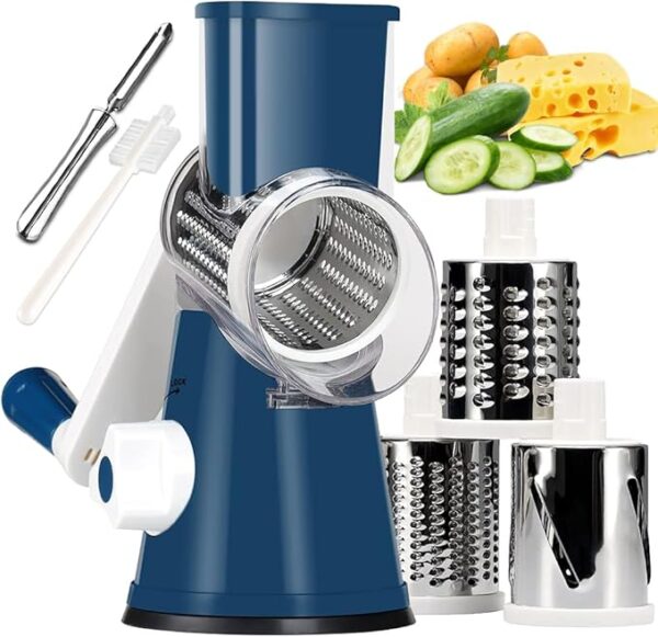 KEOUKE Rotary Cheese Grater with Handle - 3 Changeable Blades for Cheese, Vegetables, Nuts - Blue - Image 2