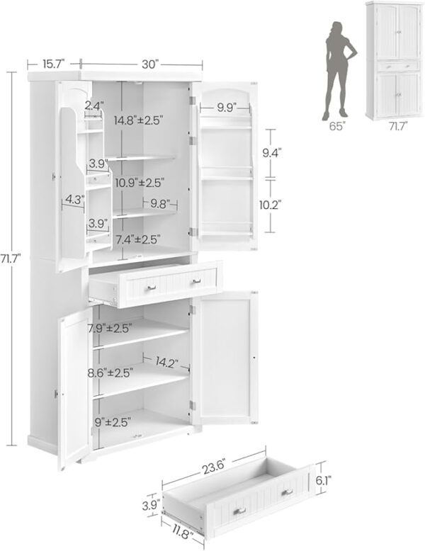VASAGLE Pantry Cabinet, 71.7-Inch High Freestanding Tall Cupboard Storage Cabinet with a Drawer, 2 Cabinets, 4 Adjustable Shelves, 6 Door Shelves, for Living Room, Kitchen, White UBBC561P31V2 - Image 4