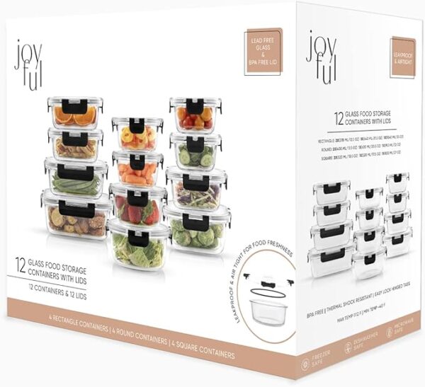 JoyJolt JoyFul 24pc(12 Airtight, Freezer Safe Food Storage Containers and 12 Lids), Pantry Kitchen Storage Containers, Glass Meal Prep Container for Lunch, Glass Storage Containers with Lids - Image 6