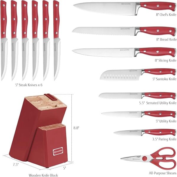 Red Knife Set, 15-Piece Knife Block Set with Built-in Sharpener Scissors for Kitchen, Dishwasher Safe Knives set Ideal Present for Family & Restaurant - Image 4