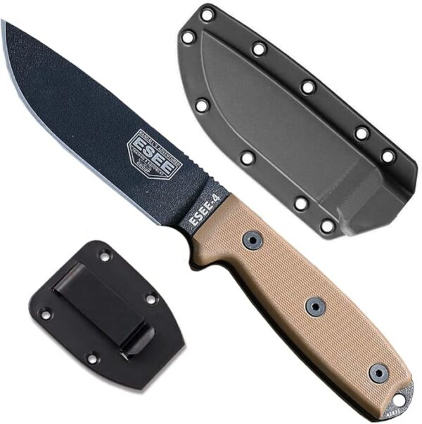 ESEE 4P Survival Knife - Field Tested Fixed Blade Knife with Molded Polymer Sheath & Clip Plate, Full Tang, Plain Edge - Durable Outdoor Camping Blade with Sheath for Survival - Image 2