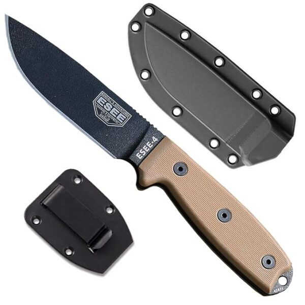 ESEE 4P Survival Knife - Field Tested Fixed Blade Knife with Molded Polymer Sheath & Clip Plate, Full Tang, Plain Edge - Durable Outdoor Camping Blade with Sheath for Survival