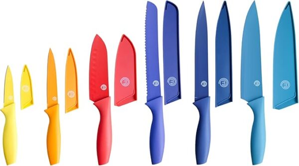MasterChef Kitchen Knife Set with Covers incl. Paring, Boning, Carving, Bread, Santoku & Chef Knife, Sharp Cutting Stainless Steel Blades with Sheaths, 12 Piece (6 Colored Kitchen Knives & 6 Covers) - Image 2