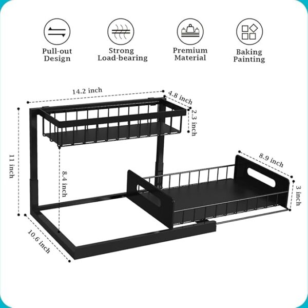 REALINN Under Sink Organizer, Pull Out Cabinet Organizer Slide Out Sink Shelf Cabinet Storage Shelves, Storages for Kitchen Bathroom, Black, 2 Pack - Image 3