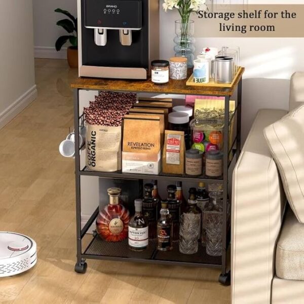 Rolling Kitchen Microwave Cart, 3 Tier Microwave Table Stand with Storage, Kitchen Utility Cart on Lockable Wheels, Small Coffee Cart Shelf Rack Organizer for Living Room Office, Balcony - Image 5