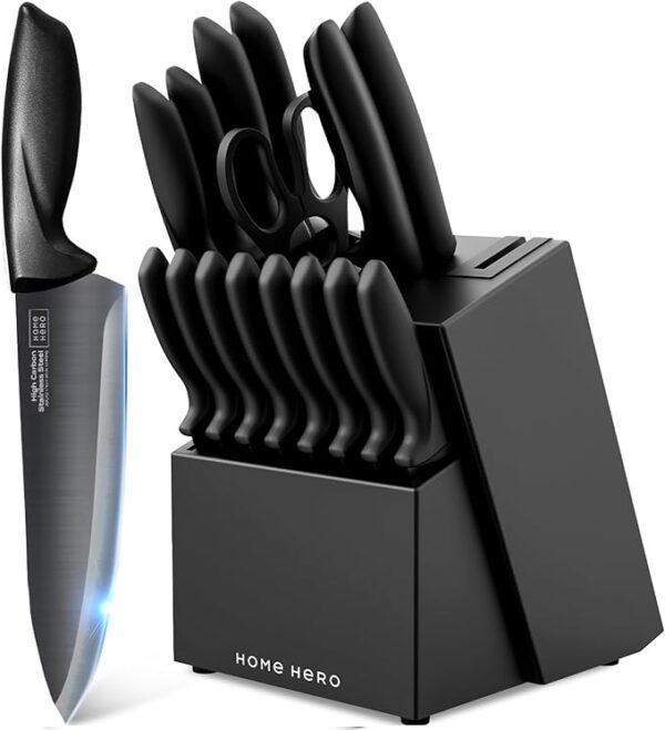 Home Hero Kitchen Knife Set with Sharpener - High Carbon Stainless Steel Knife Block Set with Ergonomic Handles (16 Pcs - Black) - Image 2