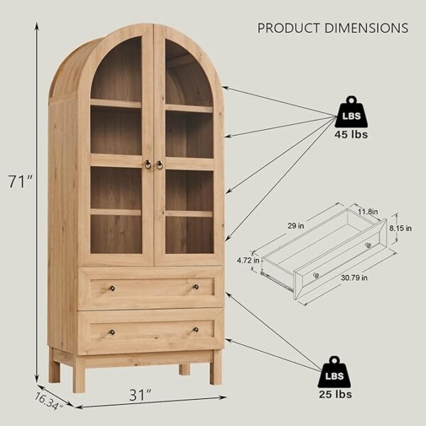 71" Tall Arched Kitchen Pantry, Modern Farmhouse Wood Kitchens Storage Cabinets with 2 Large Drawers and Adjustable Shelves, Versatile Cupboard for Kitchen, Dining Room, Bathroom, Natrual - Image 3
