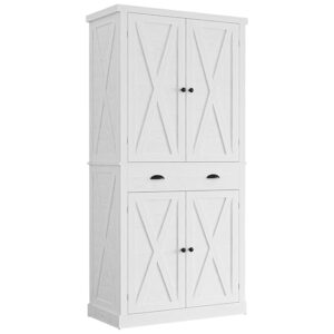 IRONCK Kitchen Pantry Storage Cabinet 72.6" H, with Barn Doors, Drawer, 4 Adjustable Shelves, Freestanding Cupboard for Dining Room Living Room, Laundry, White