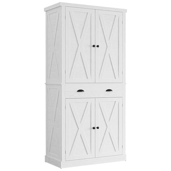 IRONCK Kitchen Pantry Storage Cabinet 72.6" H, with Barn Doors, Drawer, 4 Adjustable Shelves, Freestanding Cupboard for Dining Room Living Room, Laundry, White