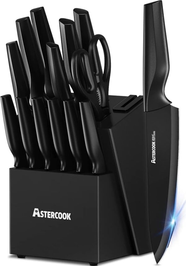 Astercook Knife Set, Kitchen Knife Set with Built-in Sharpener Block, Dishwasher Safe, 15 Pieces German Stainless Steel Knife Block Set, Black - Image 2