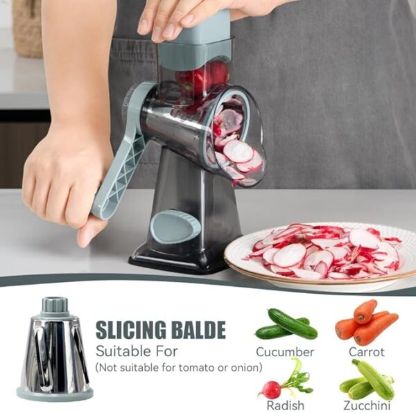 KEOUKE Rotary Cheese Grater Hand Crank Cheese Shredder Vegetable Mandoline Slicer for Kitchen 3 Changeable Blades for Cheese Potato Zucchini Nuts Chocolate - GreyBlue - Image 3