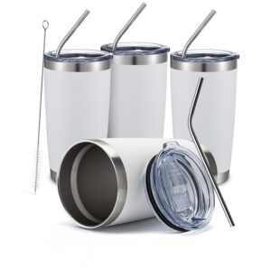 COMOOO 20oz White Tumbler Bulk with Straw Stainless Steel Insulated Coffee Tumbler Cups Double Wall Vacuum Travel Coffee Mug with Splash Proof Sliding Lid for Hot Cold Drinks (White, 4 Pack)