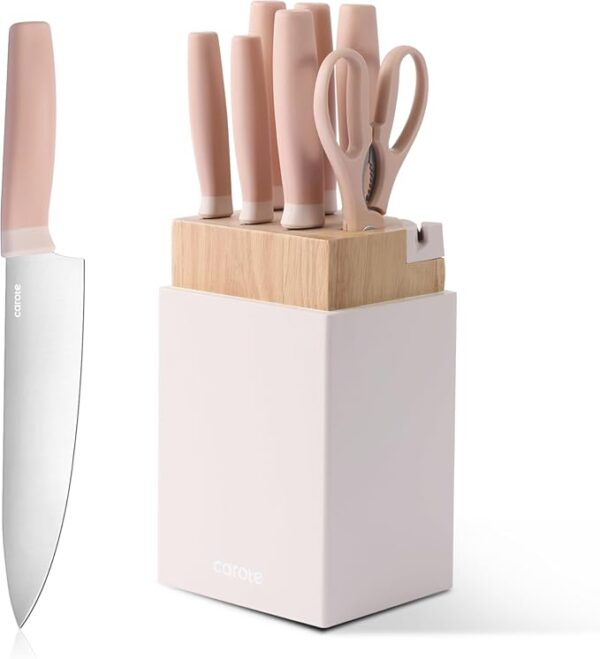 CAROTE Kitchen Knife Set with Block and Sharpener, Dishwasher Safe Knife Block Set 9Pcs, Forged Cutlery with Razor-Sharp Stainless Steel Blades, Pink - Image 2