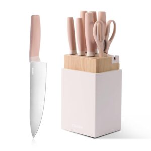 CAROTE Kitchen Knife Set with Block and Sharpener, Dishwasher Safe Knife Block Set 9Pcs, Forged Cutlery with Razor-Sharp Stainless Steel Blades, Pink