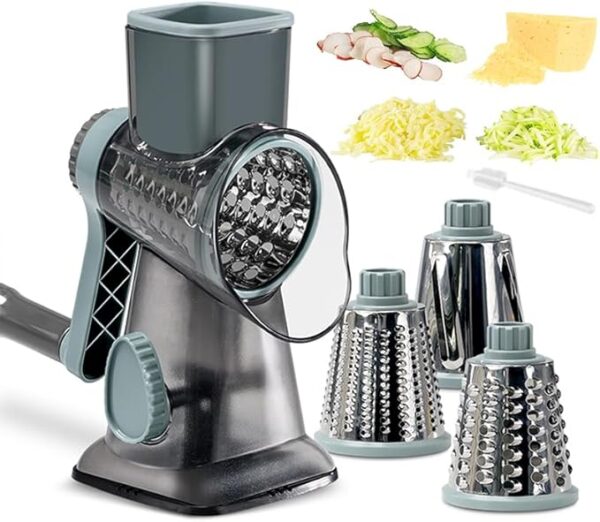 Cheese Grater Hand Crank Rotary Vegetables Shredder with Handle, 3-in-1 Graters with Interchangeable Blades and Strong Suction Base Multifunctional Slicer for Kitchen - Image 2