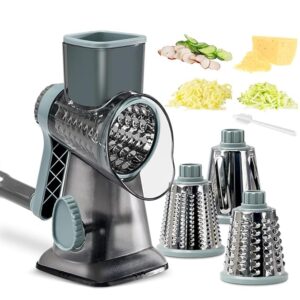 Cheese Grater Hand Crank Rotary Vegetables Shredder with Handle, 3-in-1 Graters with Interchangeable Blades and Strong Suction Base Multifunctional Slicer for Kitchen