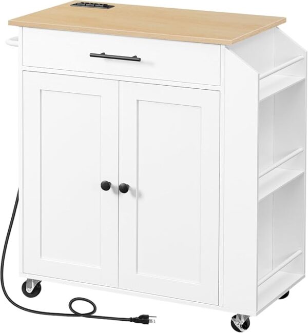 HOOBRO Kitchen Island with Power Outlet, Kitchen Storage Island with Spice Rack and Drawer, Rolling Kitchen on Wheels, for Home, Dining Room, Natural and White - Image 2