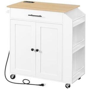 HOOBRO Kitchen Island with Power Outlet, Kitchen Storage Island with Spice Rack and Drawer, Rolling Kitchen on Wheels, for Home, Dining Room, Natural and White