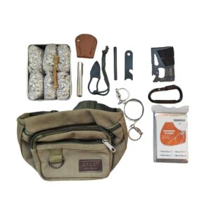 Fire Starter Survival Kit â 6 Bags Magnesium, Ferro Rod, Striker, Emergency Blanket, Cable Saw, Wax Rope, Multi-Purpose Tool Card, Carabiner & Tin â Camping, Hiking, Bushcraft,Bug Out Bag, Prep