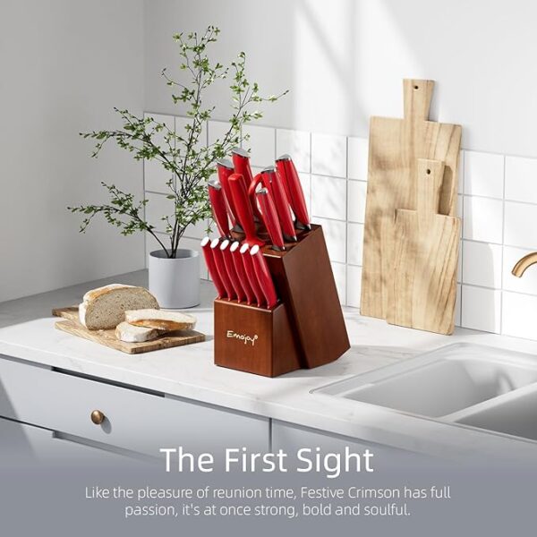 Knife Set, Emojoy 15 Piece Kitchen Knife Set with Block Wooden, German Stainless Steel Sharp Chef Knife Set with Sharpener, Dishwasher Safe and Rust Proof (kitchen knife set red) - Image 4
