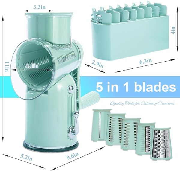 Manual Rotary Cheese Grater with Handle, 5 in 1 Replaceable Stainless Blades Cheese Shredder,Strong Suction Base Vegetable Slicer with Cleaning Brush & Bonus Storage Box for Blades (green) - Image 3