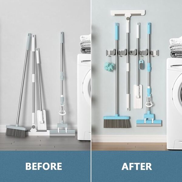 Holikme Mop Broom Holder Wall Mount Metal Pantry Organization and Storage Garden Kitchen Tool Organizer Wall Hanger for Home Goods (4 Positions with 4 Hooks, Silver) - Image 5