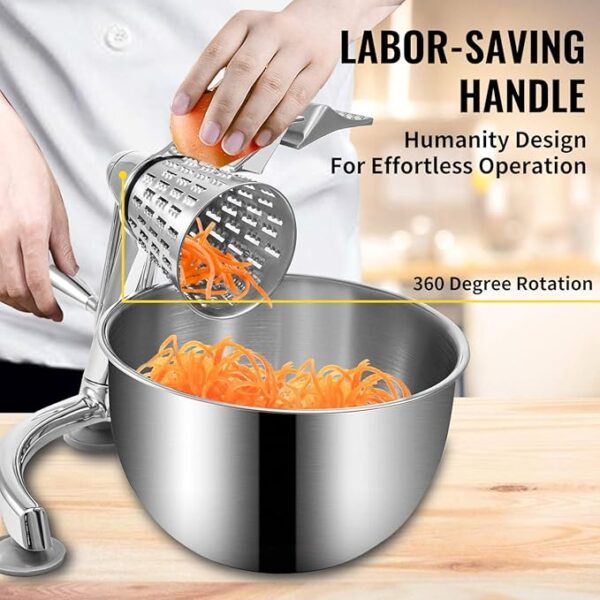 VEVOR Rotary Cheese Grater, Zinc Alloy Rotary Vegetable Mandoline, Manual Cheese Mandoline w/ 5 Stainless Steel Cutting Cones, Manual Vegetable Grater w/ 2.5L Bowl, Rotary Shredder w/Suction Base - Image 6