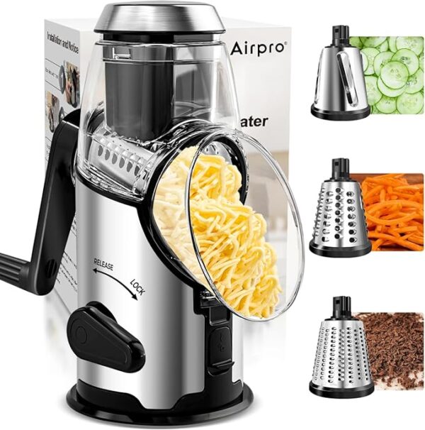 Airpro Rotary Cheese Grater with Handle - Vegetable Shredder with 3 Stainless Steel Blades & Strong Suction Base,Round Mandoline Slicer & Food Chopper for Kitchen - Image 2