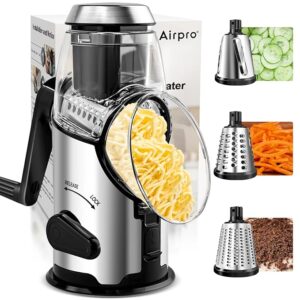 Airpro Rotary Cheese Grater with Handle - Vegetable Shredder with 3 Stainless Steel Blades & Strong Suction Base,Round Mandoline Slicer & Food Chopper for Kitchen